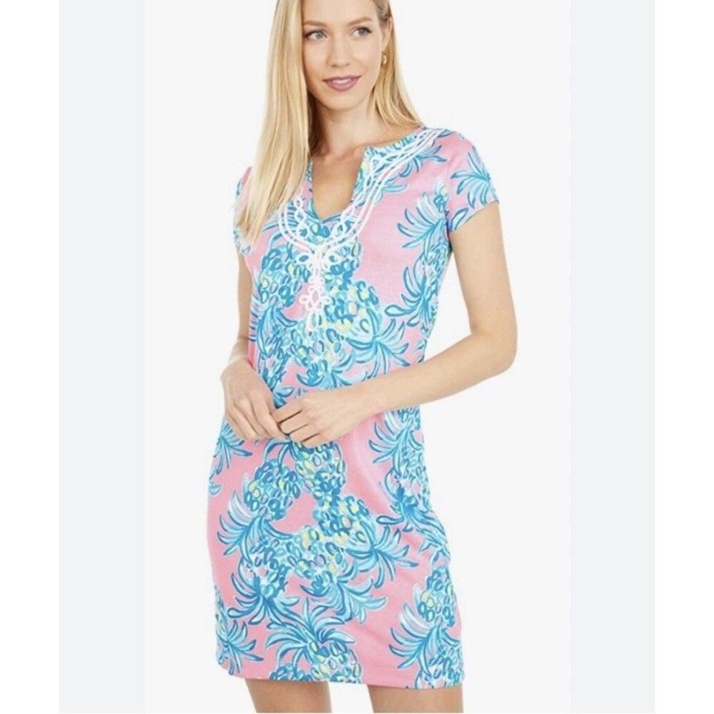 Lilly Pulitzer Pink and Aqua Floral Short-Sleeve Mini Dress